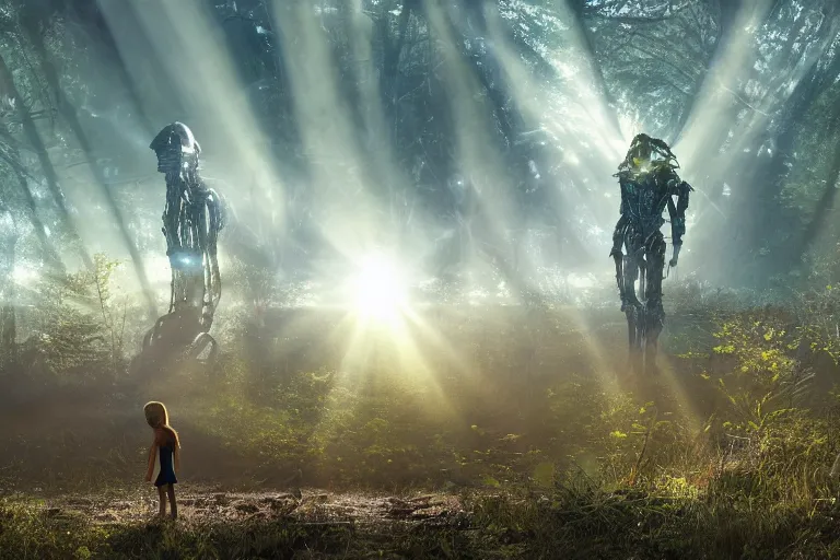 Image similar to the great beyond, sci - fi scene future new york, little girl holding a hand of a big robot, forest punk, crepuscular rays, epic scene, hyper realistic, photo realistic, overgrowth, cinematic atmosphere, ethereal lighting