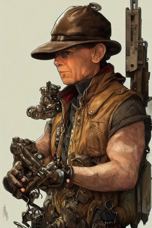 Image similar to elmer fudd as a steampunk cyborg, portrait, western, steampunk, duster, fantasy, intricate, elegant, highly detailed, digital painting, artstation, concept art, sharp focus, illustration, art by artgerm and greg rutkowski and alphonse mucha