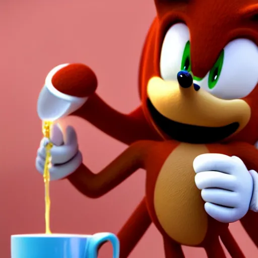 Prompt: 3d render of Sonic drinking a cup of tea, trending on artstation, blender, octane render