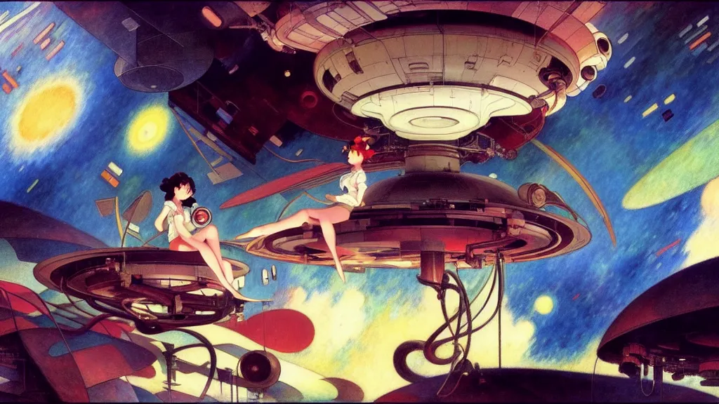 Image similar to a film still of a 1 9 5 0's mechanic anime girl sitting on top of flying ufo landing in hangar of giant ufo spaceship, kandinsky, trending on pixiv fanbox, painted by gaston bussiere, makoto shinkai, akihiko yoshida, gaston bussiere, craig mullins