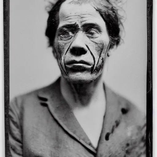 Image similar to close up photo portrait of a 19th century ugly clean-face gangster with scars by Diane Arbus and Louis Daguerre