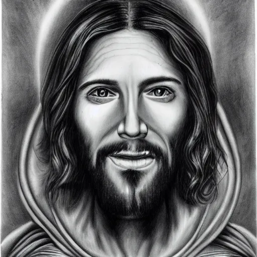 Prompt: jesus christ posing with grey aliens, self portrait, high detailed, pencil art
