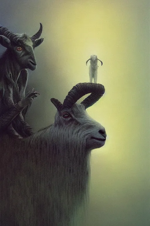 Image similar to painting of hybrid between human andy milonakis and a goat, by zdzislaw beksinski, by tiffany bozic, cold hue's, warm tone gradient background, concept art, beautiful composition, digital painting