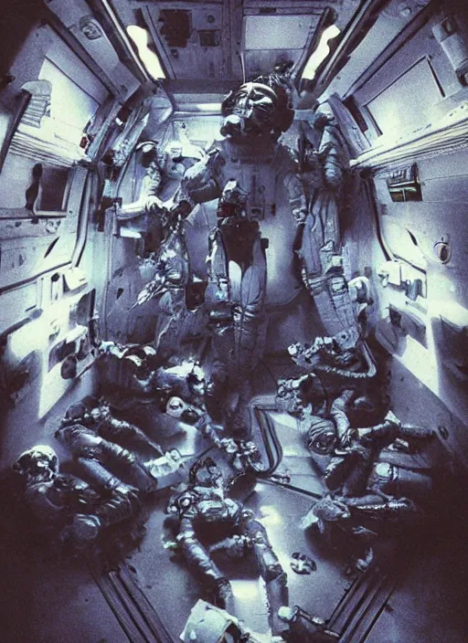Image similar to astronauts in dark and empty void underwater - complex composition and hyperdetailed technical suit. reflection and dispersion materials. rays and dispersion of light. volumetric light. 5 0 mm, f / 3 2. noise film photo. flash photography. ultra realistic, wide angle. poster by wayne barlowe, hajime sorayama aaron horkey, craig mullins. polaroid.
