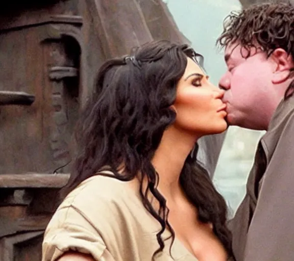 Image similar to a movie still of kim kardashian kissing hagrid in the movie harry potter