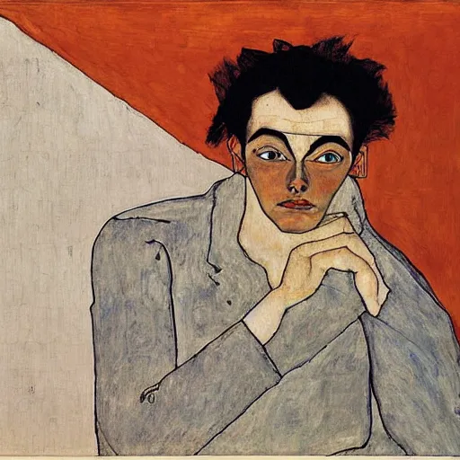 Prompt: painting of a man sitting at a grand piano, but not playing. he's looking into the void. by schiele