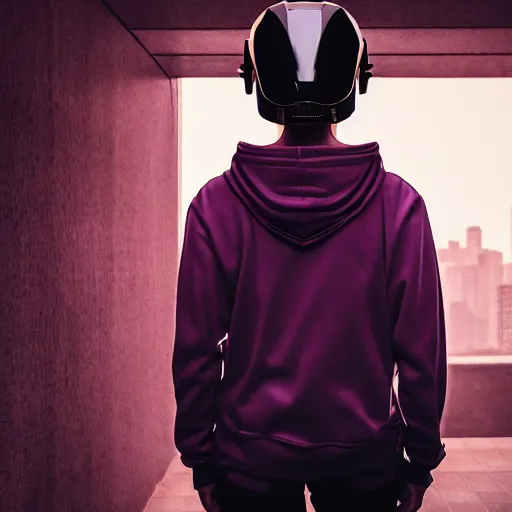 Prompt: portrait of a human wearing a futuristic helmet, cyberpunk aesthetic, aesthetic hoodie and nikana on the back 8 k uhd