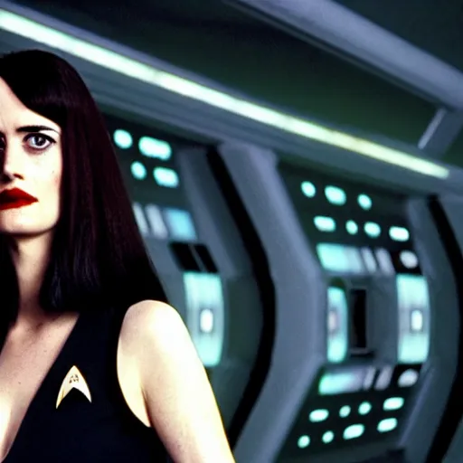 Image similar to a full body photograph of 3 0 year old eva green as a star fleet officer from star trek next generation, extreme realism and detail, 8 k, completely framed, direct lighting, 3 5 mm photo, photorealistic, sharp focus