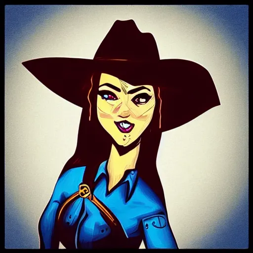 Prompt: “ western comic book artstyle drawing of a beautiful cowgirl outlaw ”