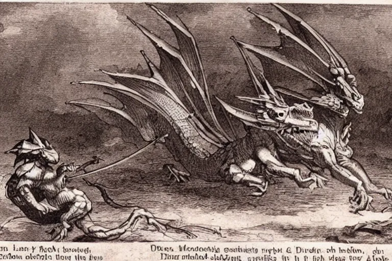 Image similar to an very old photo of a dragon attacking in the mediaval times