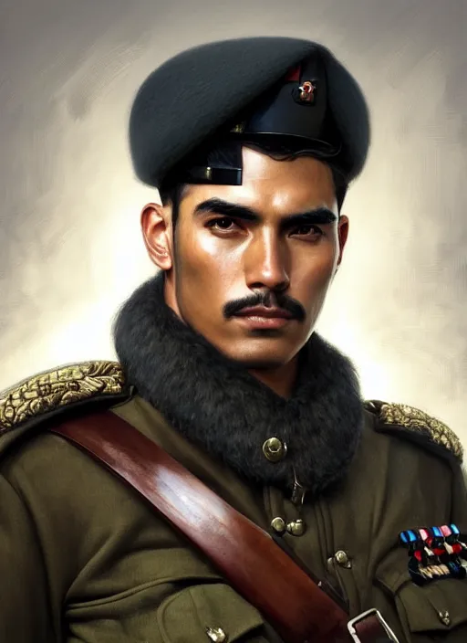 Image similar to portrait of stoic looking very handsome peruvian soldier, military uniform, black hair, thick eyebrows, fantasy, intricate, elegant, highly detailed, centered, dark, smokey, digital painting, artstation, concept art, smooth, sharp focus, illustration, art by artgerm and greg rutkowski and alphonse mucha