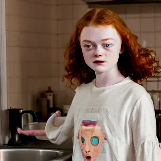 Prompt: sadie sink face popping out of a kitchen sink