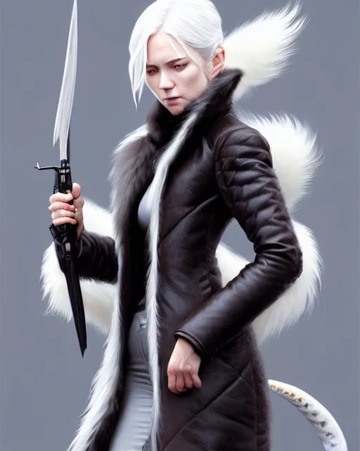 Image similar to dragon hunter wearing a fur - lined dragonhide jacket!!! beautiful and elegant white hair female!! symmetry, character concept art, sharp focus, illustration, artgerm!! greg rutkowski! wlop!! ilya kuvshinov!! charlie bowater! octane render, unreal engine 5! highly rendered!!