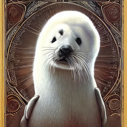 Image similar to portrait of omnipotent baby harp seal, ice and glaciers, arctic, fantasy, intricate, elegant, highly detailed, digital painting, smooth, sharp focus, illustration, art by artgerm and greg rutkowski and alphonse mucha