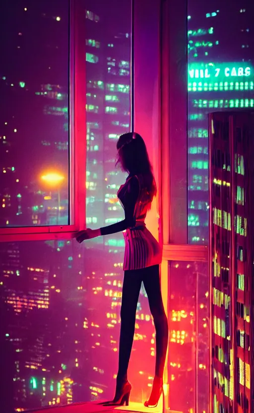 Image similar to realistic vertical photo, girl in 7 0's retro club, editorial, fashion, neon - decorated urban on night in the city seen through window, realistic, modern design, vintage, night, blade runner, dark, clean lines, asian futuristic city at distance, big windows, octane, wide angle