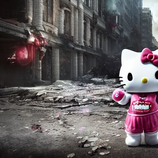 Image similar to Hello Kitty in Gears of War, splash art, movie still, detailed face, cinematic lighting, color, dramatic, octane render, long lens, shallow depth of field, bokeh, anamorphic lens flare, 8k, hyper detailed, 35mm film grain