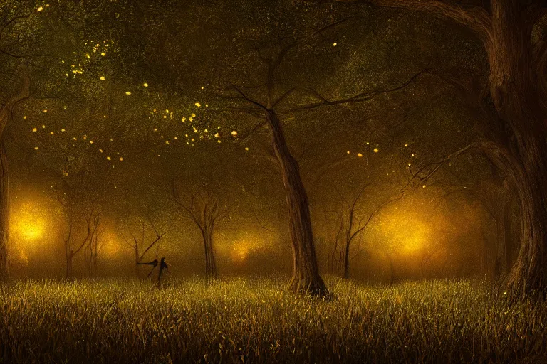 Image similar to masterpiece painting, fireflies vortex illuminating an old antic oak forest at night, peaceful scene, 8 k octane render, atmospheric effects, by jean hugo, artstation, deviantart