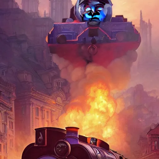 Image similar to thomas the tank engine destroying a city, 8 k, highly detailed, digital painting, unreal engine tech demo, vivid colors, artstation, art by artgerm and greg rutkowski and alphonse mucha