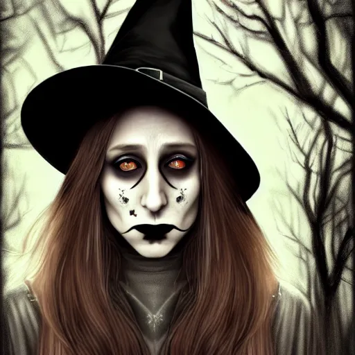 Prompt: gorgeous Taissa Farmiga witch evil smile, black lips, realistic character concept, full body shot, spooky, black magic, illustration, symmetrical face and body, realistic eyes, cinematic lighting, hyperdetailed, detailed realistic symmetrical eyes, cgsociety, high resolution, Charlie Bowater, single face, insanely detailed and intricate, beautiful, elegant, dark forest and trees