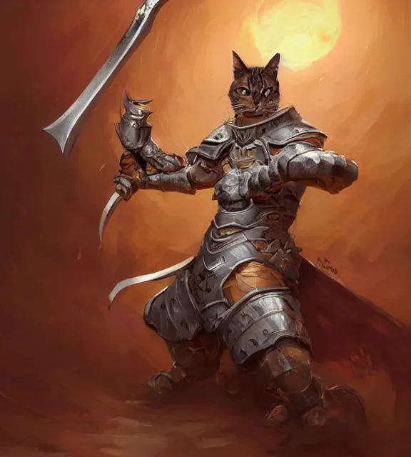 a cat warrior wearing armor holding a sword,, Stable Diffusion