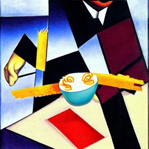 Prompt: surrealist painting, chinese man eating noodles, cubism