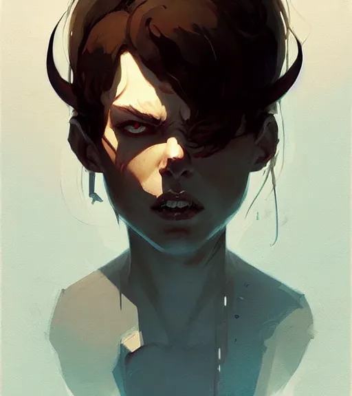 Image similar to portrait of a demon hunter by atey ghailan, by greg rutkowski, by greg tocchini, by james gilleard, by joe fenton, by kaethe butcher, dynamic lighting, gradient light blue, brown, blonde cream and white color scheme, grunge aesthetic