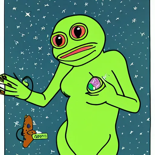 Prompt: aliens abducting pepe the frog from pasture, summer night by patrick nagel.
