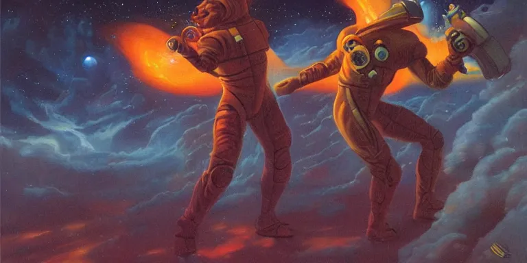 Prompt: an astronaut fights a space god, night scene, concept art by boris vallejo and michael whelan