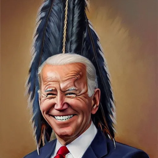Prompt: glorious oil painting of Joe Biden as a Native American