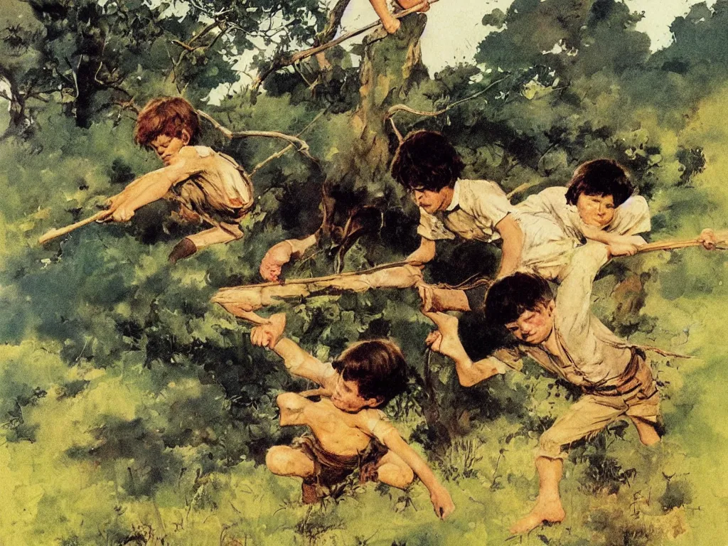 Image similar to the adventures of tom sawyer and huckleberry finn, illustrated by frank frazetta, playful, naturalistic, simple life, mississippi, colorful, landscape