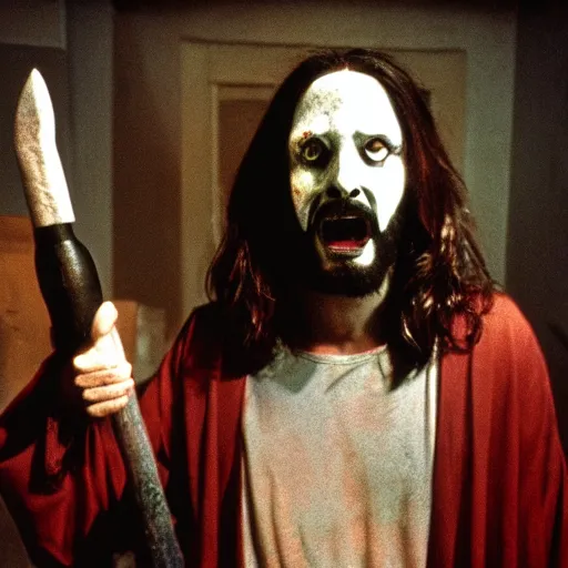 Prompt: A photo of Jesus as a horror movie slasher villain, f/22, 35mm, 2700K, kodachrome, award winning photography