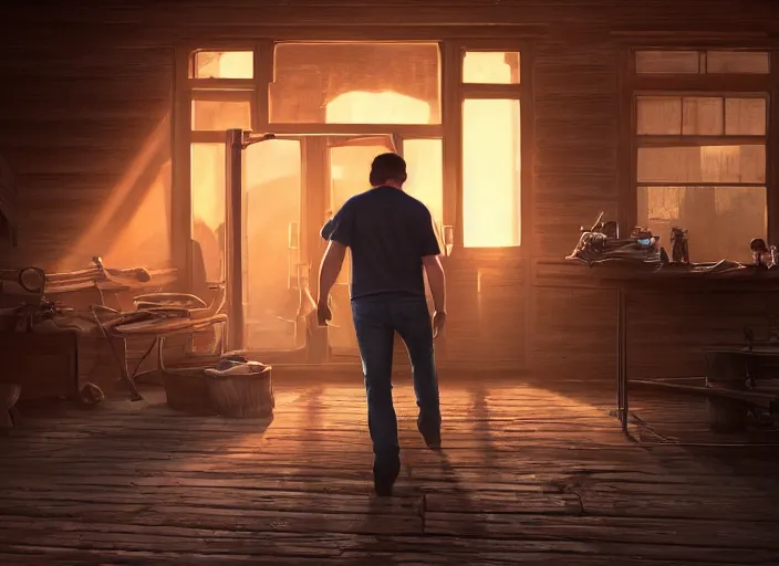 Image similar to elon musk walking through the door of a saloon, wild west, sunset, desert, dusty, sunbeams. digital illustration, colors, soft lighting, adventurous, atmospheric lighting, 8K, octane render. By Makoto Shinkai, Stanley Artgerm Lau, WLOP, Rossdraws, James Jean, Andrei Riabovitchev, Marc Simonetti, krenz cushart, Sakimichan, D&D trending on ArtStation, digital art.