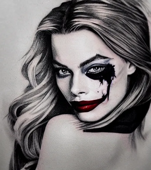 Image similar to tattoo design sketch of beautiful margot robbie portrait with joker makeup, in the style of den yakovlev, realistic face, black and white, faded sides, realism tattoo, hyper realistic, highly detailed