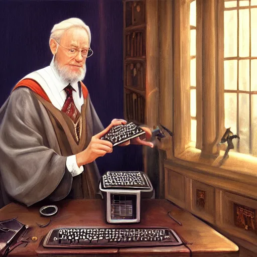 Prompt: Albus Dumbledore fixing the Hogwarts supercomputer, oil painting 4k