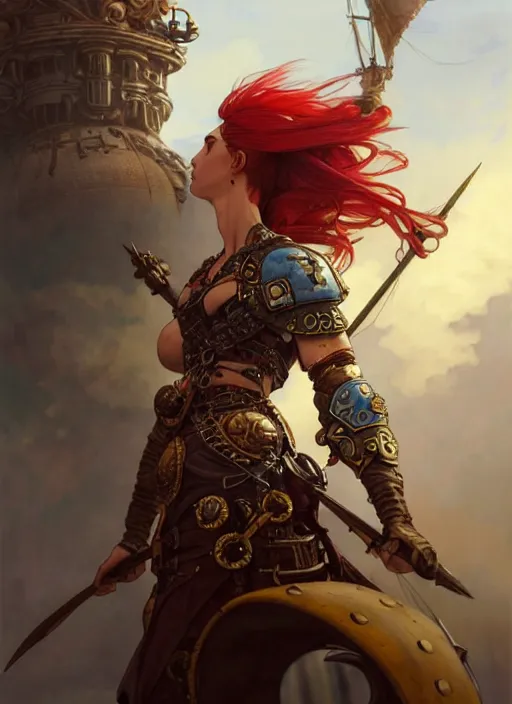 Image similar to upper body shot of a warrior with Ukrainian flag, D&D, handsome, fantasy, intricate, long hair, steampunk airship in backdrop, steampunk, red hair, elegant, highly detailed, digital painting, artstation, concept art, smooth, sharp focus, illustration, art by artgerm and greg rutkowski and alphonse mucha