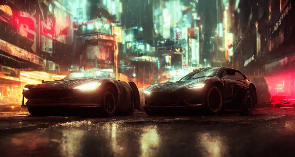 Image similar to closeup photo of combat tesla cybertruck driving on wet dystopian cyberpunk city streets at night, mad max, action, speed, volumetric lighting, hdr, need for speed, gta 5, forza, makoto shinkai, syd mead, craig mullins, cinematic, fast and furious, blade runner, octane, 8 k, iso 1 0 0, 1 2 mm