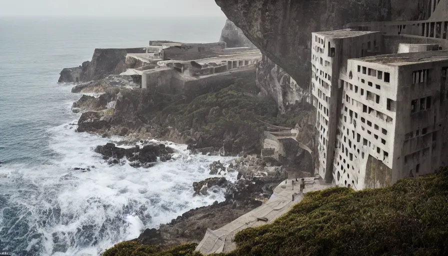 Image similar to coastal perched on a cliff overlooking a magnificient bay, imperial brutalist base, drawing architecture, ultra very long shot, top angle, imperial architecture in rogue one, pritzker architecture prize, brutalism architecture, jan urschel, greig fraser