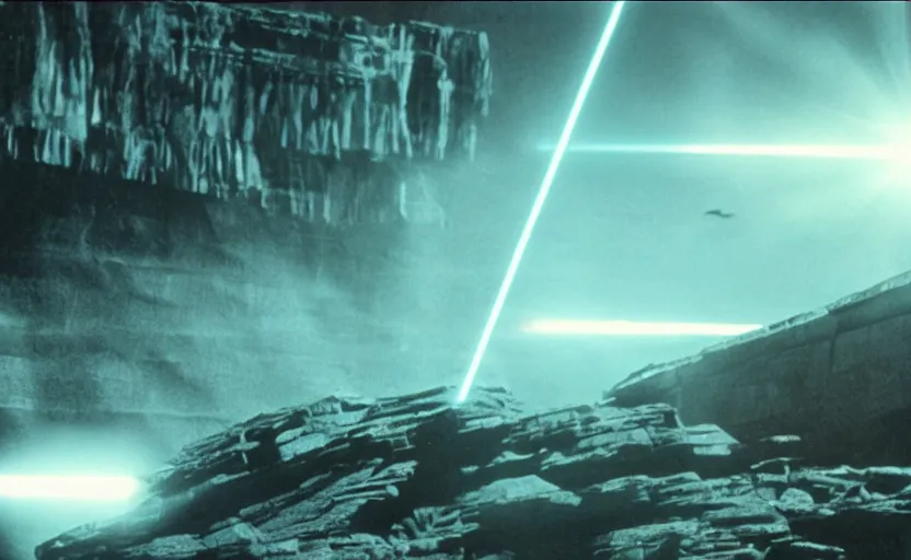 Image similar to iconic cinematic screen shot of star destroyer waterfall canyon planet, from the action packed scene from the 1 9 7 0 s star wars sci fi film by stanley kubrick, glowing lasers, kodak film stock, anamorphic lenses 2 4 mm, lens flare, iconic cinematography, award winning