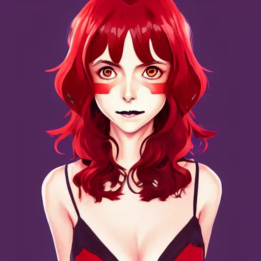 Image similar to beautiful anime vampire girl Alison Brie, red glowing hair, smiling, clear clean face, symmetrical face, blurry background, Jamie McKelvie comic art, Alexandra Fomina artstation, face by Ilya Kushinov style, style by Loish, Norman Rockwell, painterly style, flat illustration