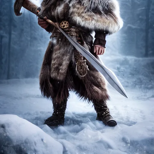 Image similar to a dnd barbarian half frost giant wearing a fur coat, shoulder armor and holding an axe, high resolution film still, 4k, HDR color