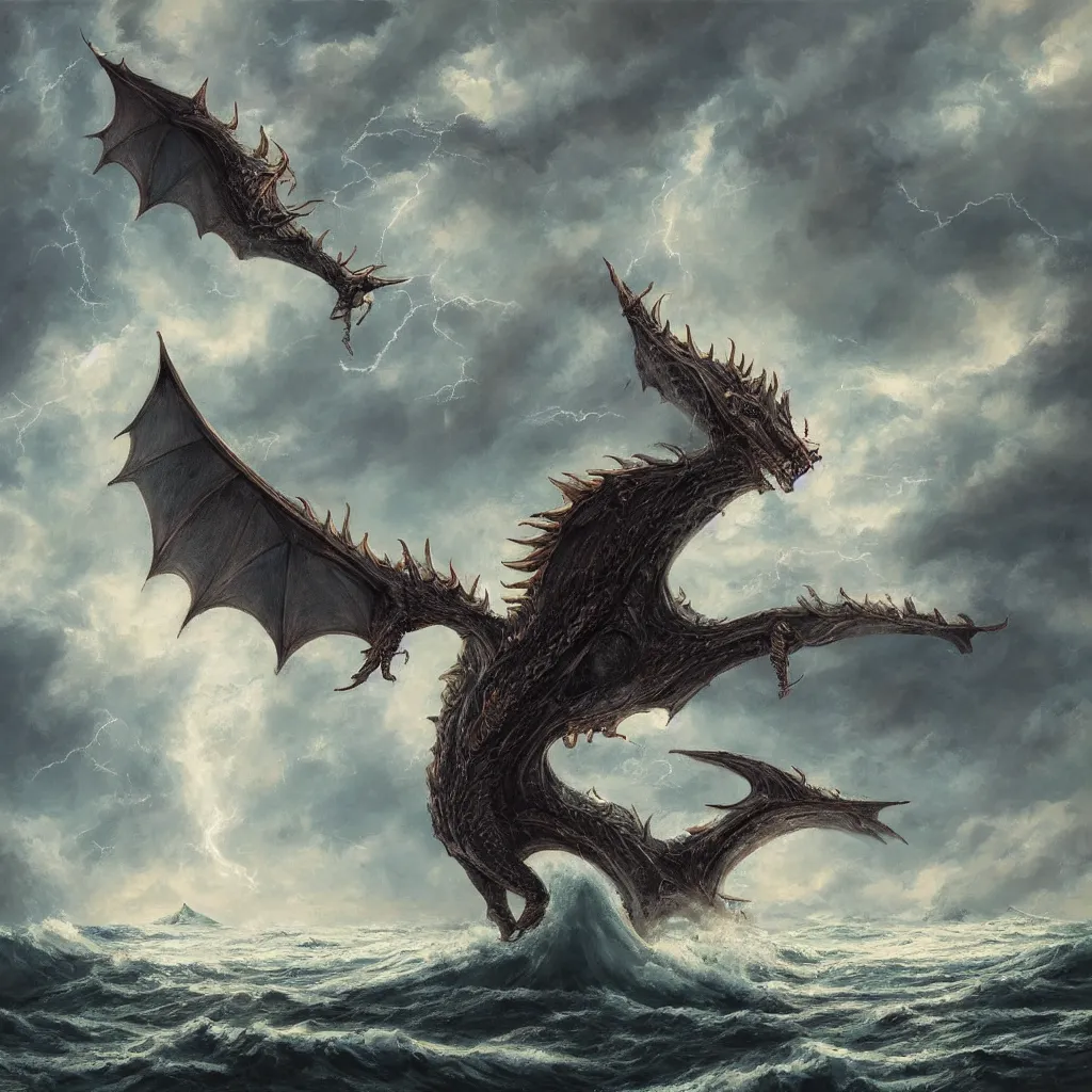 Image similar to a fantasy book style portrait of a giant dragon, stormy sea, giant waves, lightning, small boat, oil painting, 4 k