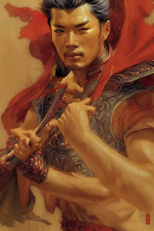 Image similar to wuxia, male, character design, ancient china, colorful, painting by gaston bussiere, craig mullins, j. c. leyendecker, tom of finland