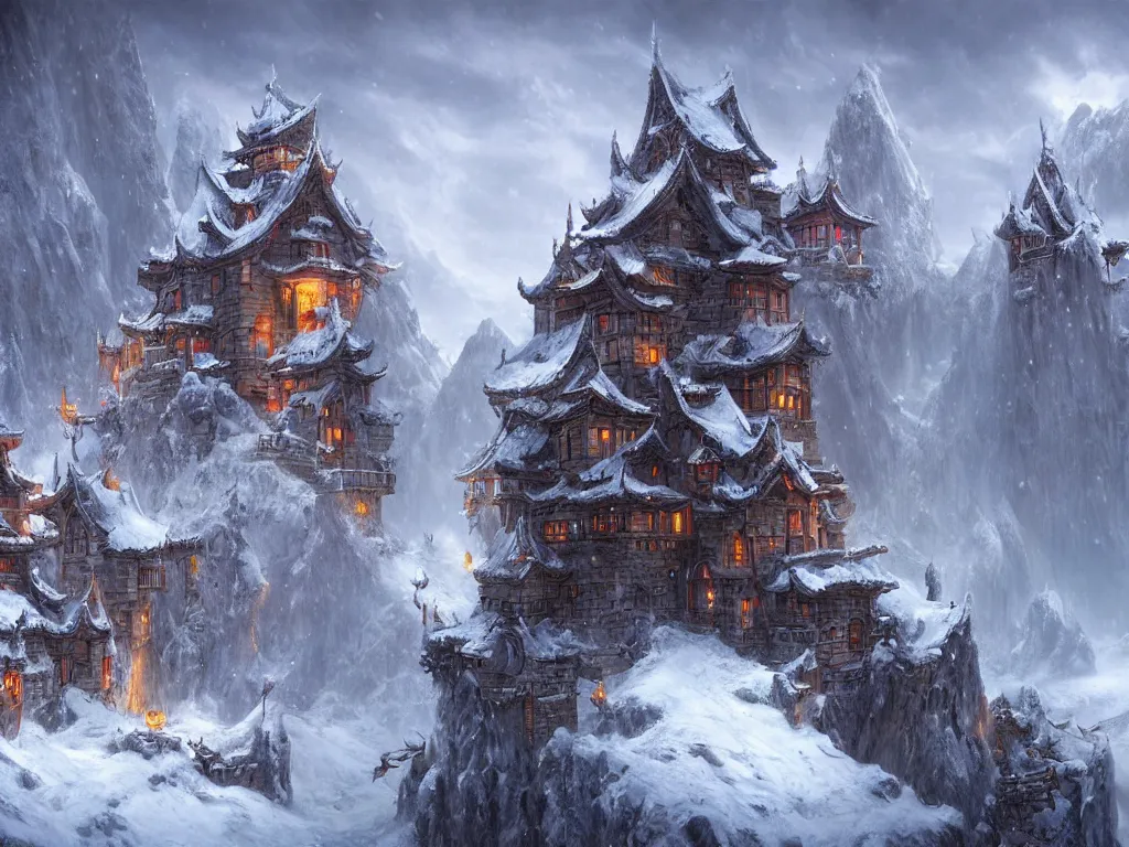 Image similar to elves live in fantasy castles, blizzard, cinematic landscape ， on a snowy day, by xu beihong