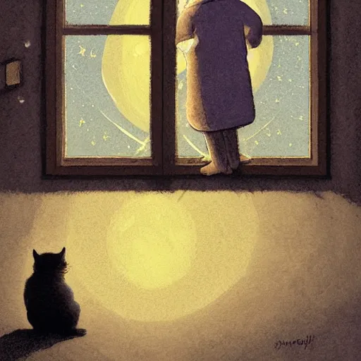 Image similar to A boy with his cat sitting in a window praying at the moon, concept art by Marc Simonetti and illustration by Maurice Sendak, Starry Night, depth of field, full moon halo, epic brushwork, painterly, cobbled streets, oil lamp posts, A boy with his cat sitting in a window praying at the moon, A boy with his cat sitting in a window praying at the moon