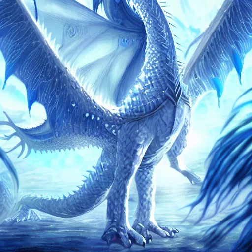 Prompt: still photo of a large, white ice dragon with blue accents. it has a long neck, and its body is covered in scales. its wings are enormous, and it has a long spiky tail. it has a regal, regal appearance, breathing frost, trending on pixiv, by kawacy, digital art, cool lighting