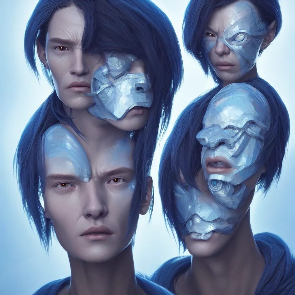 Image similar to 2 0 7 7 prototype face avatar portrait with ribbed face by rutkowsky and charles vess and james jean and erik jones and rhads, inspired by ghost in the shell, 3 d octane render, beautiful fine face features, intricate high details, sharp, ultradetailed, artistic photography