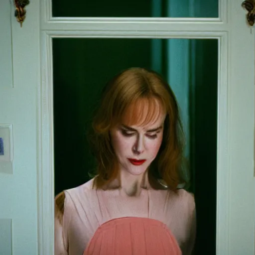 Prompt: Nicole Kidman in The Shining by Stanley Kubrick, cinematic, symmetrical face, 35mm lens, cinestill 400t film