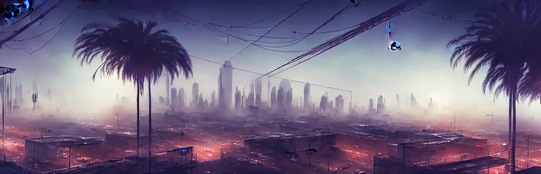 Prompt: low angle of a gigantic building hovering above a city, long thick cables trash and debris hanging from underneath, smoke and thick dust in the air, rays of light, neon billboards and dried palmtrees in the streets, air ships examining the area, intricate and epic concept art, highly detailed, 8k, cinematic