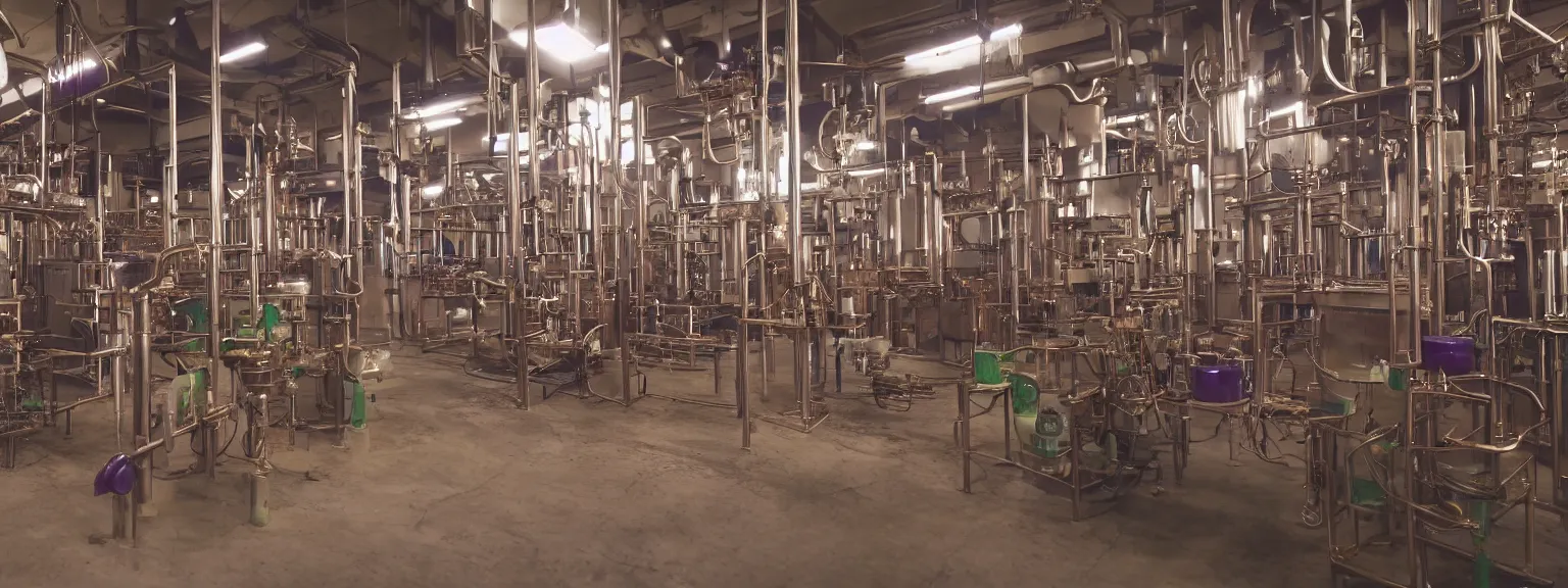 Image similar to oily apparatus for making snake oil, huge copper machine with purple and green snakelike pipework, barrels of snake oil in a disorganized factory in taiwan in 1 9 9 2 production line, golden hour lighting, film still from the uncle aloysius family medicine depot movie 3 d, 8 k, cinematic lighting