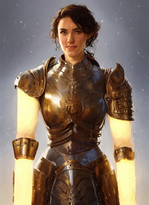 Prompt: medium - length portrait of a female paladin wreathed in holy light with short curly hair and brown eyes, dark brown skin, happy expression, wears a combination of plate armor and boiled leather, medieval setting, highly detailed, digital painting, artstation, concept art, sharp focus, illustration, art by greg rutkowski and alphonse mucha